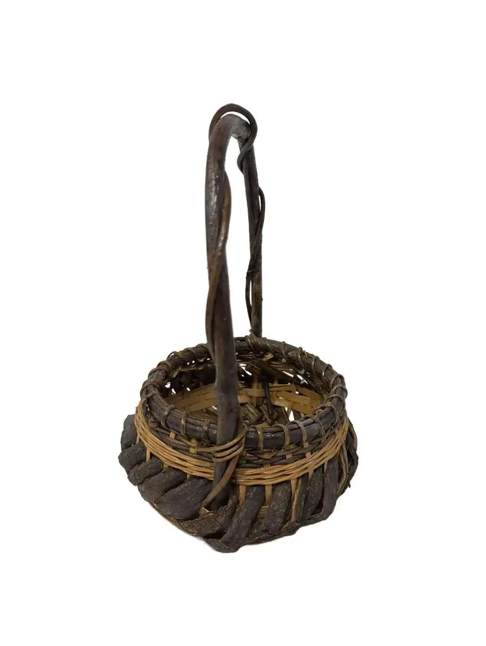 Vintage Handwoven Wood Wicker Basket Rustic Farmhouse Decor Small Handle